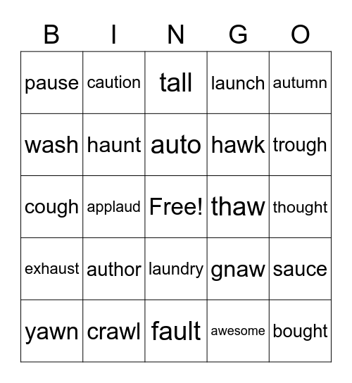 Dipthong au aw all ough Bingo Card