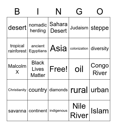 Africa BINGO Card