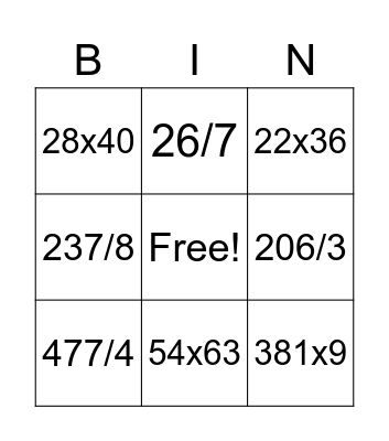 Multiplication/Division BINGO Card