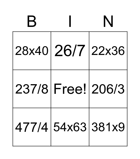 Multiplication/Division BINGO Card