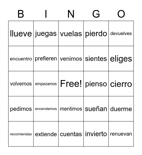 Stem-Changing Verbs Bingo Card
