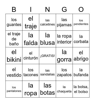 La Ropa Bingo Card