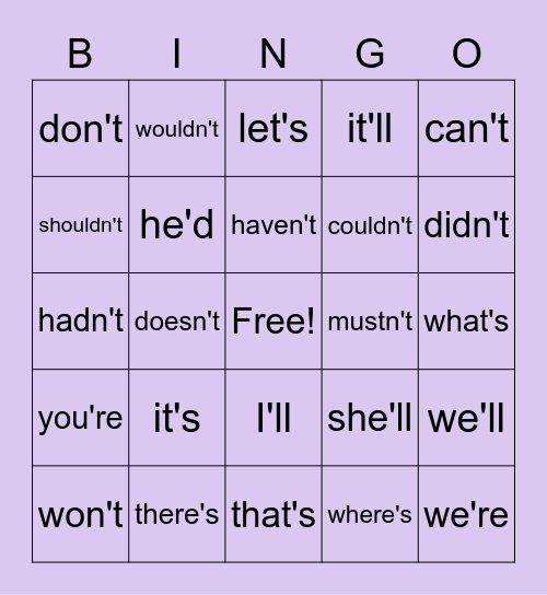 Contractions Bingo Card