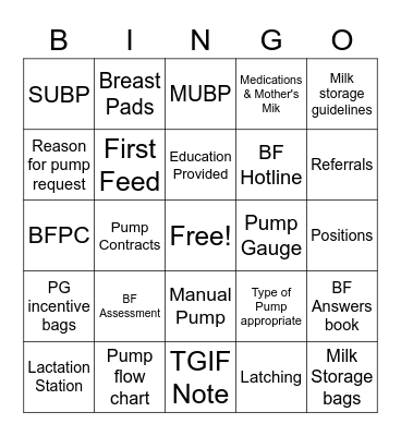 Breastfeeding BINGO Card