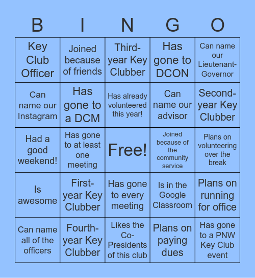 KEY CLUB BINGO! Bingo Card