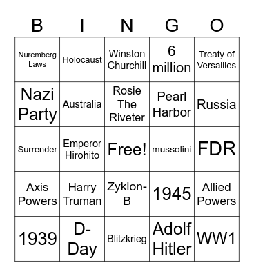 World War 1 Bingo Card
