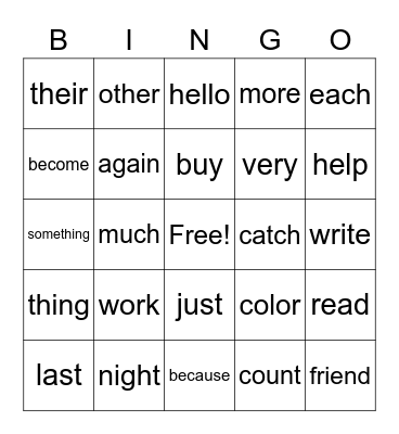1B Tricky Words Bingo Card