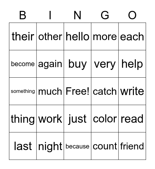 1B Tricky Words Bingo Card