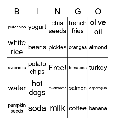 NUTRITION BINGO Card