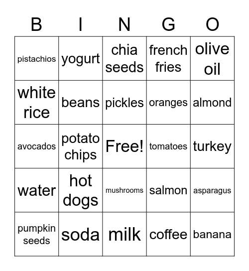 NUTRITION BINGO Card