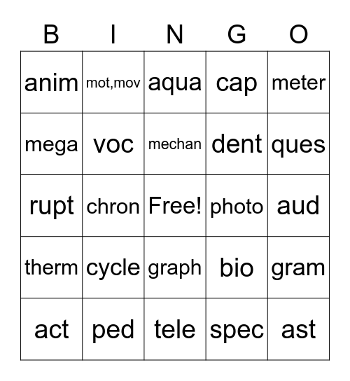 Greek and Latin Roots and Stems Bingo Card