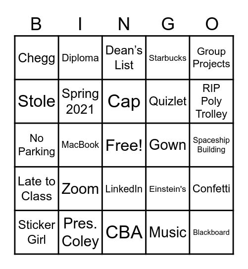 Bek's Graduation Bingo Card