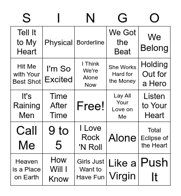Ladies of the 80's SINGO Bingo Card