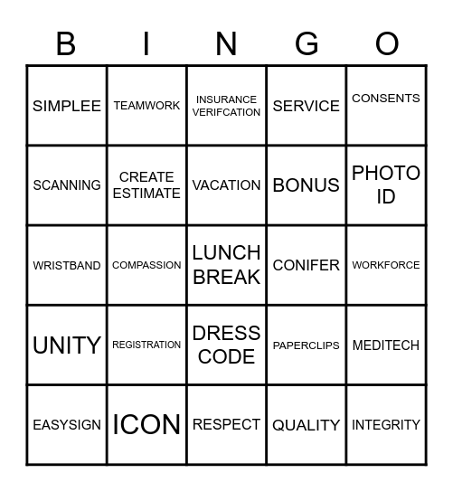 Patient Access Week Bingo Card