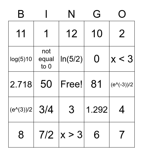 Exponential Bingo Card