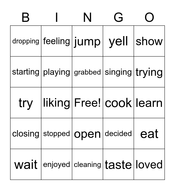 Verb Tense Bingo Card