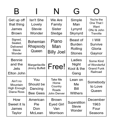 70s Music Bingo Card