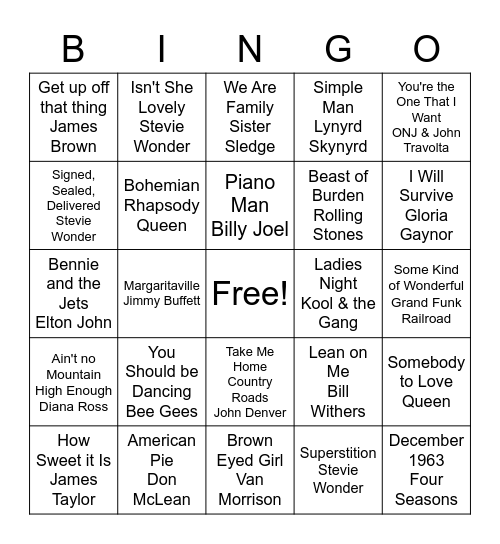 70s Music Bingo Card