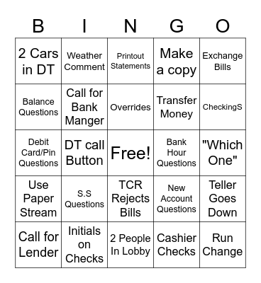 Bank Bingo Card