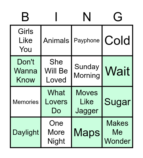 Maroon 5 Bingo Card