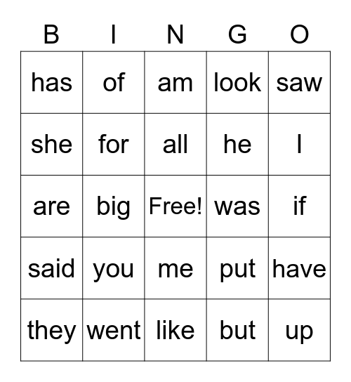 Sight Word Bingo Card