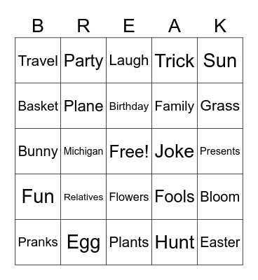 Spring Break Bingo Card