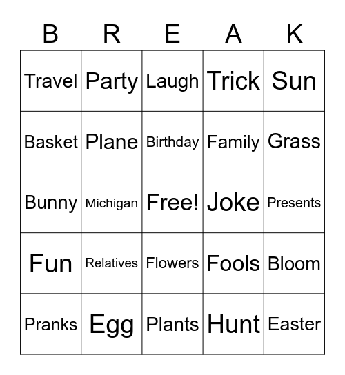 Spring Break Bingo Card