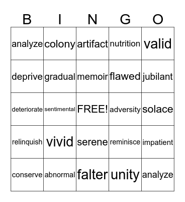 Vocabulary Review  Bingo Card