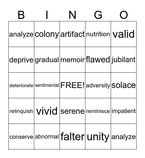 Vocabulary Review  Bingo Card