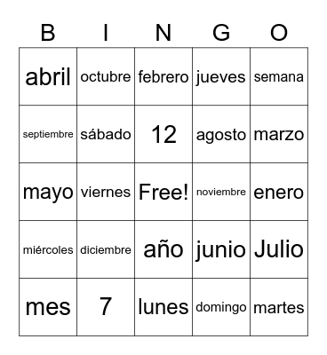 Los meses año/Los días de la semana Bingo Card