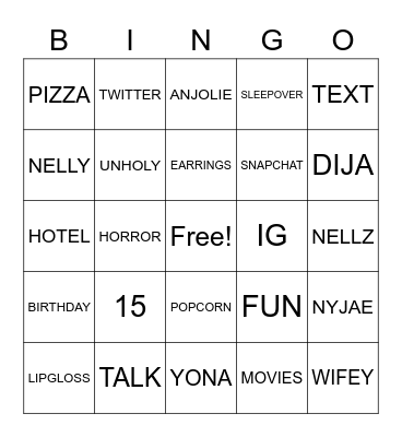 NELLZ SLEEPOVER BINGO Card