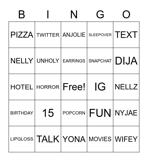 NELLZ SLEEPOVER BINGO Card