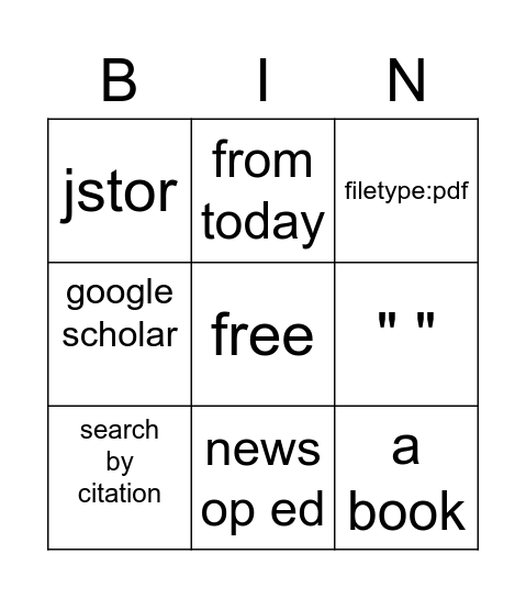 search engine bingo Card