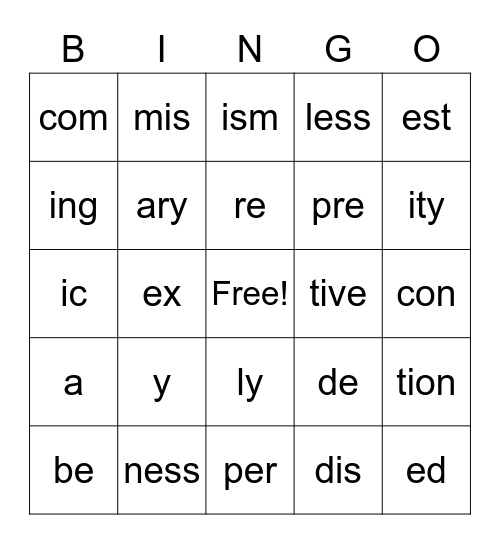 Prefixes & Suffixes Bingo Card