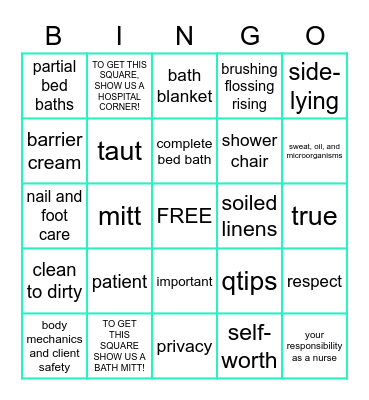 Personal Hygiene Bingo Card