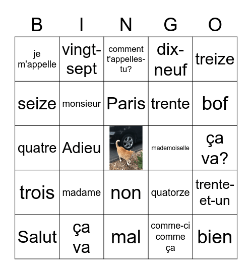 Beginner French Bingo Card