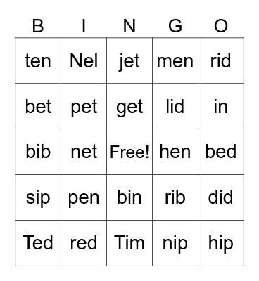 Bingo Short e/i Bingo Card