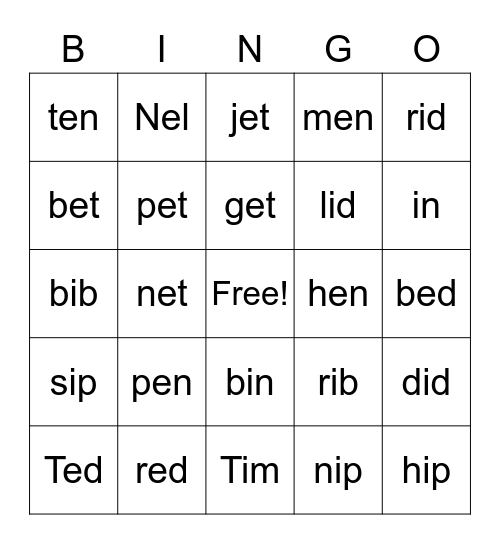 Bingo Short e/i Bingo Card