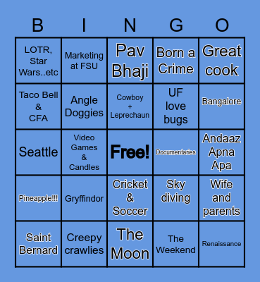 Olivia and Vijay Bingo Card