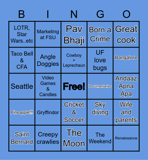 Olivia and Vijay Bingo Card