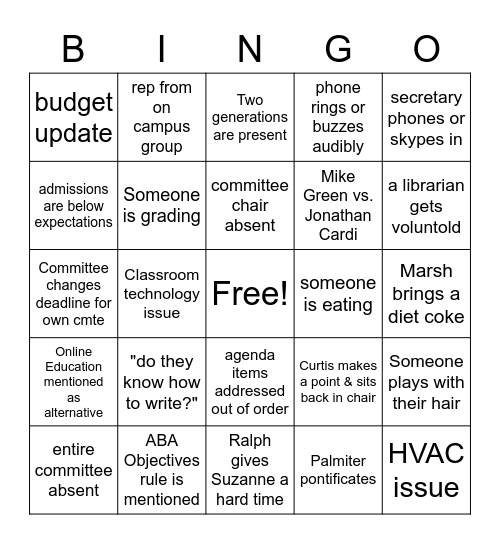 Faculty Meeting Bingo Card