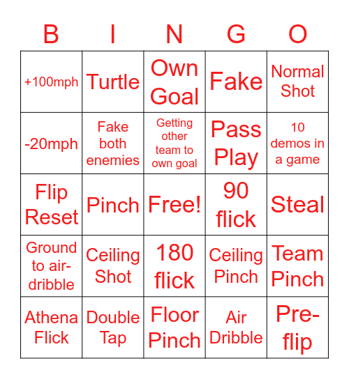 Rocket League Bingo Card