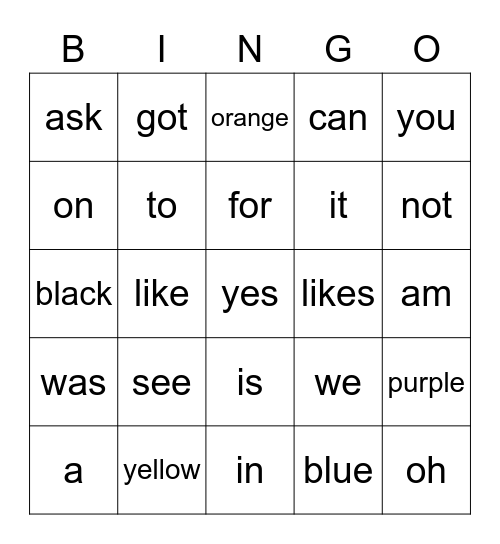 Rainbow Words 1 of 2 Bingo Card