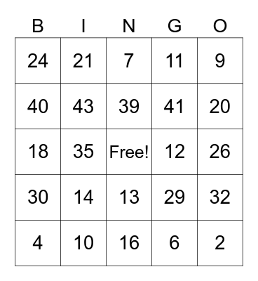 Number Bingo Card