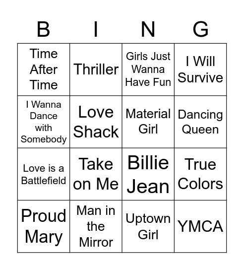 Pop and Folk Bingo Card