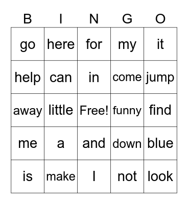 Sight Words Bingo Card