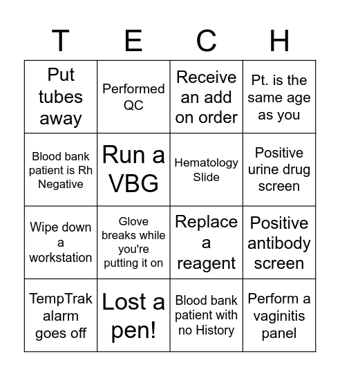 Lab Tech Bingo Card