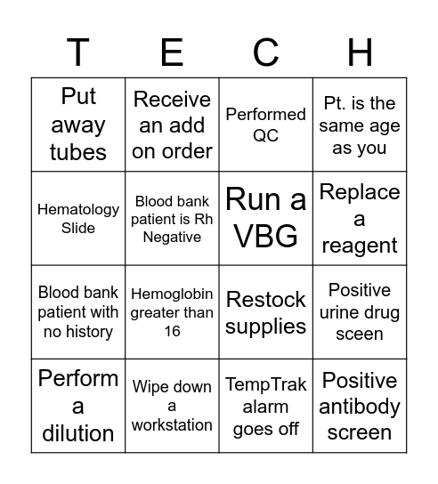 Lab Tech Bingo Card