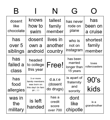 Bolden Family Reunion - Find someone who Bingo Card