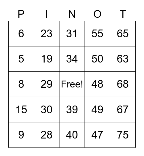 Easter Pinot Bingo Card